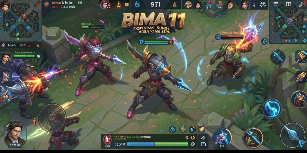 Screenshot menunjukkan aksi seru pertarungan dalam BIMA11 di arena MOBA.