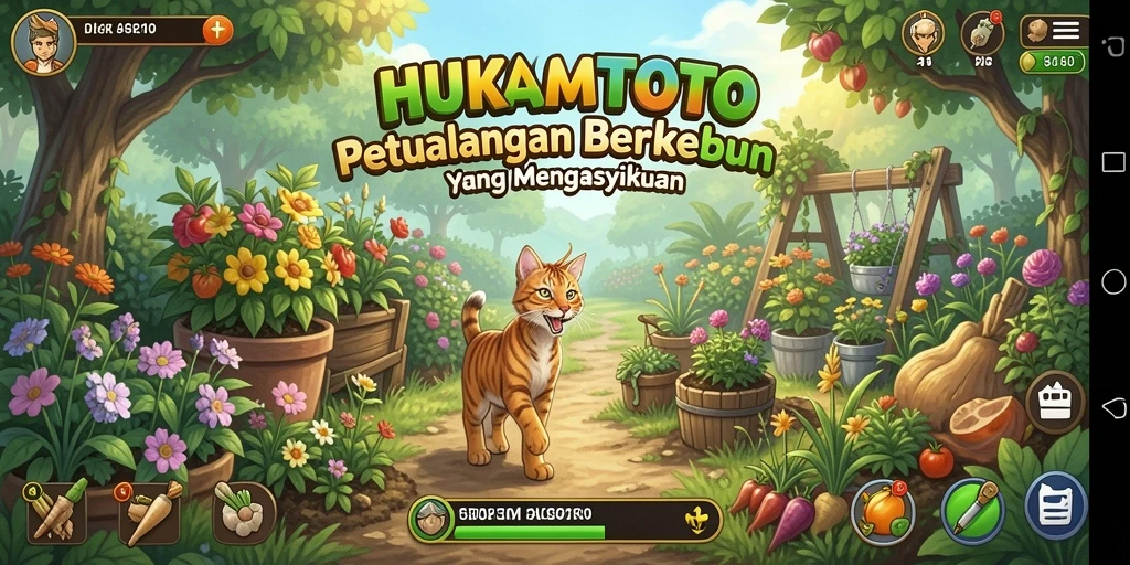 Screenshot gameplay HUKUMTOTO menampilkan suasana berkebun yang ceria.