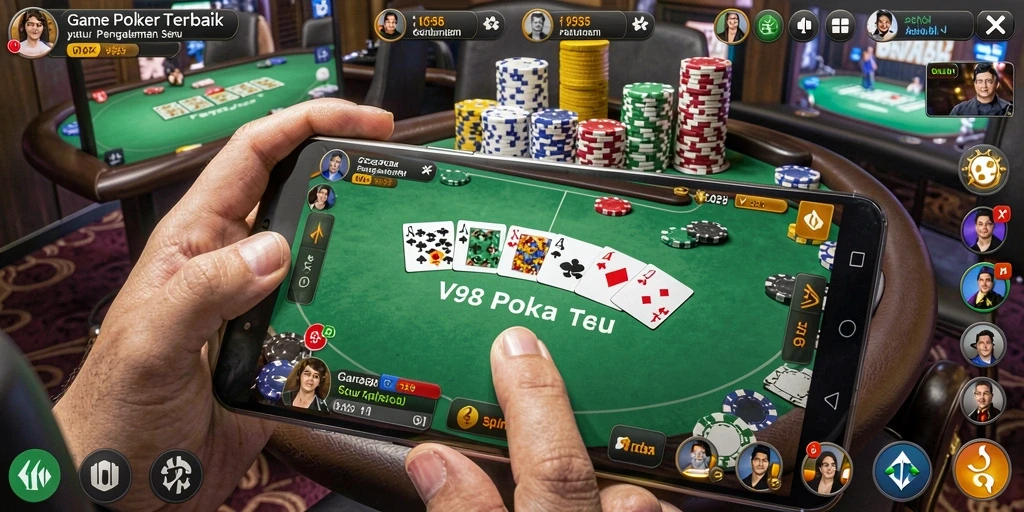 Screenshot V98 menampilkan pemain yang beraksi dalam permainan poker yang seru.